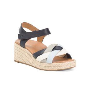 VIONIC Navy Multi Wide Leather Saratoga Comfort Wedge Sandals